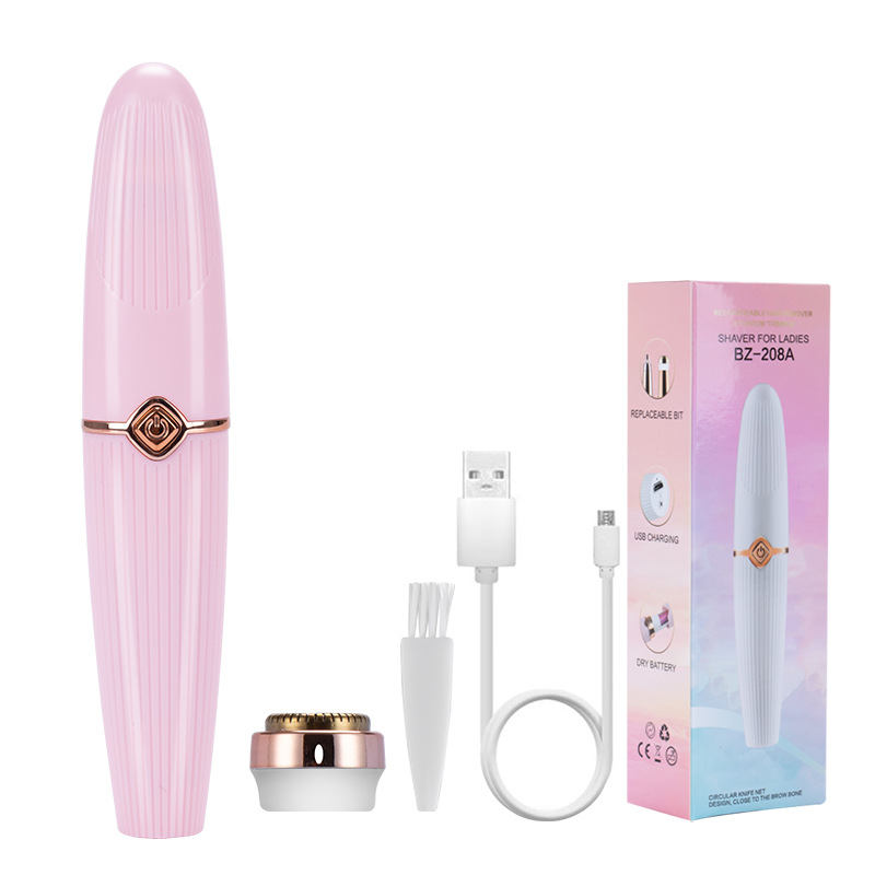 (Pink) Compact 2 in 1 Eyebrow Trimmer Shaver for Women Portable Lipstick Style Grooming Tool