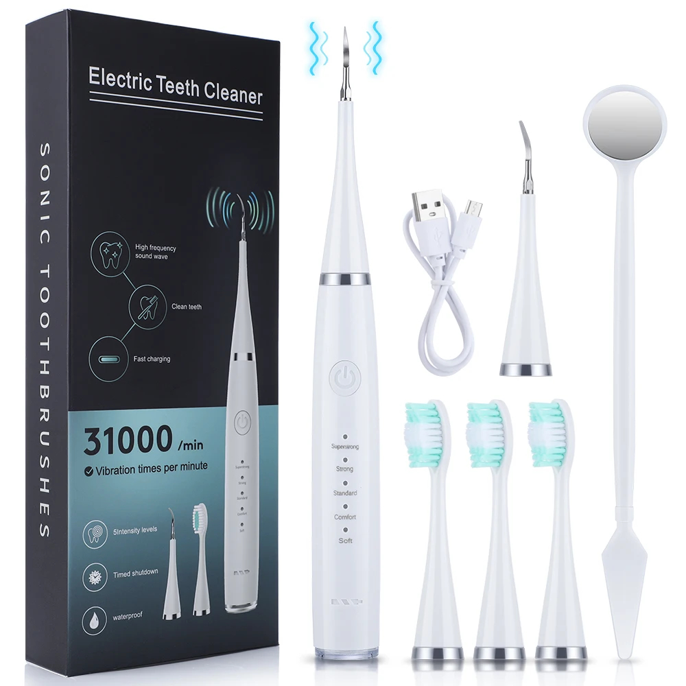 (Black) 6 in 1 Ultrasonic Dental Cleaner Scaler Dental Tartar Remover Electric Toothbrush Sonic Teeth Plaque Cleaner Tooth Cleaner