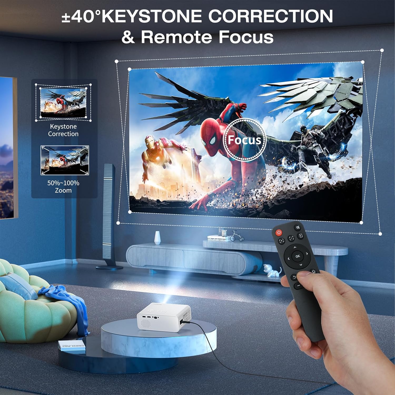 Mini Projector with WiFi and Bluetooth Native 1080P 4K Supported Projector for Indoor Movies Keystone Correction Zoom Home Theater Portable Projector Compatible with TV Stick iOS Android