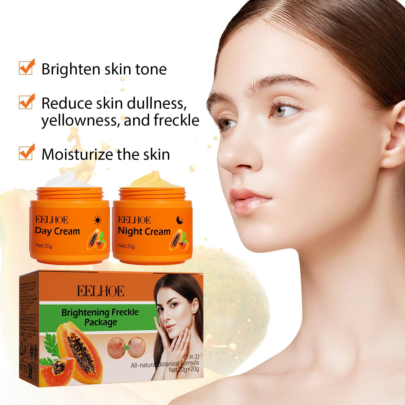 EELHOE Papaya Day Night Cream for Dark Spots Remover Melanin Anti Pigmentation Cream Brightening Moisturizing Reduce Dullness Spot Face Care