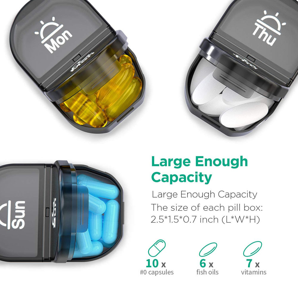 (Black) Weekly Pill Organizer Medicine Holder Organizer Case Vitamins Storage Box 2 Times a Day AM PM Pill Box 7 Day with One Side Large Opening Design for Easy Filling