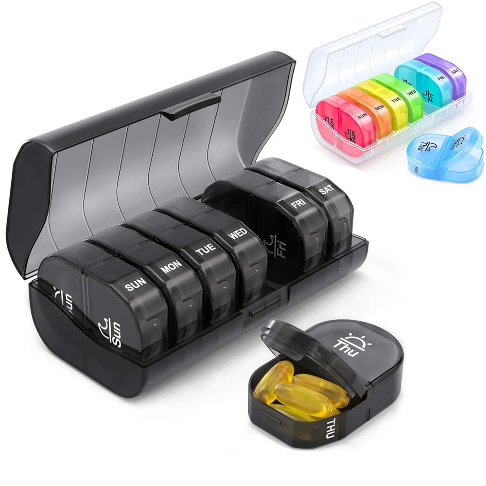 (Black) Weekly Pill Organizer Medicine Holder Organizer Case Vitamins Storage Box 2 Times a Day AM PM Pill Box 7 Day with One Side Large Opening Design for Easy Filling