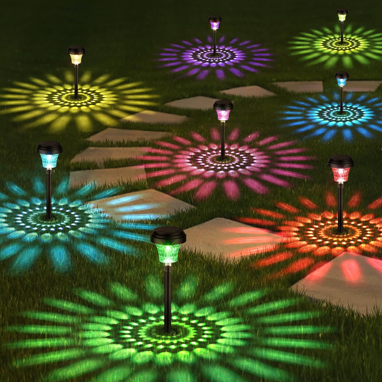 Garden Lights Solar Powered Waterproof 8 Pack Solar Lights Outdoor Garden Stake with Warm White RGB Ultra-Bright Solar Stake Lights Garden Ornaments Solar 
