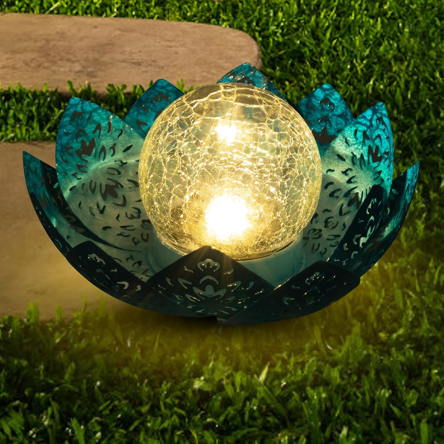 (Gold) Solar Lights Outdoor Garden Lights Solar Powered IP65 Waterproof Decorative Lotus Ornaments for Lawn Patio Porch Flowerbed Pathway
