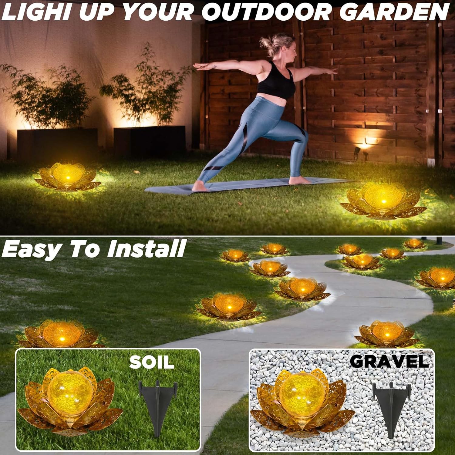 (Gold) Solar Lights Outdoor Garden Lights Solar Powered IP65 Waterproof Decorative Lotus Ornaments for Lawn Patio Porch Flowerbed Pathway