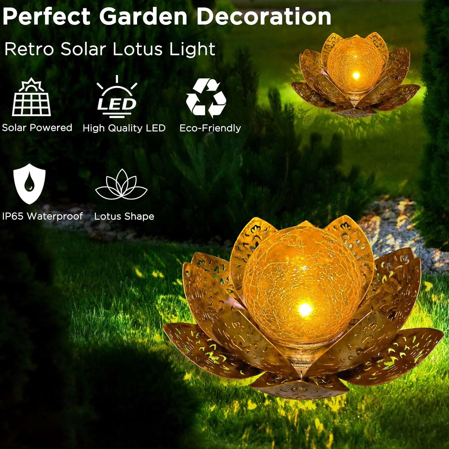 (Gold) Solar Lights Outdoor Garden Lights Solar Powered IP65 Waterproof Decorative Lotus Ornaments for Lawn Patio Porch Flowerbed Pathway