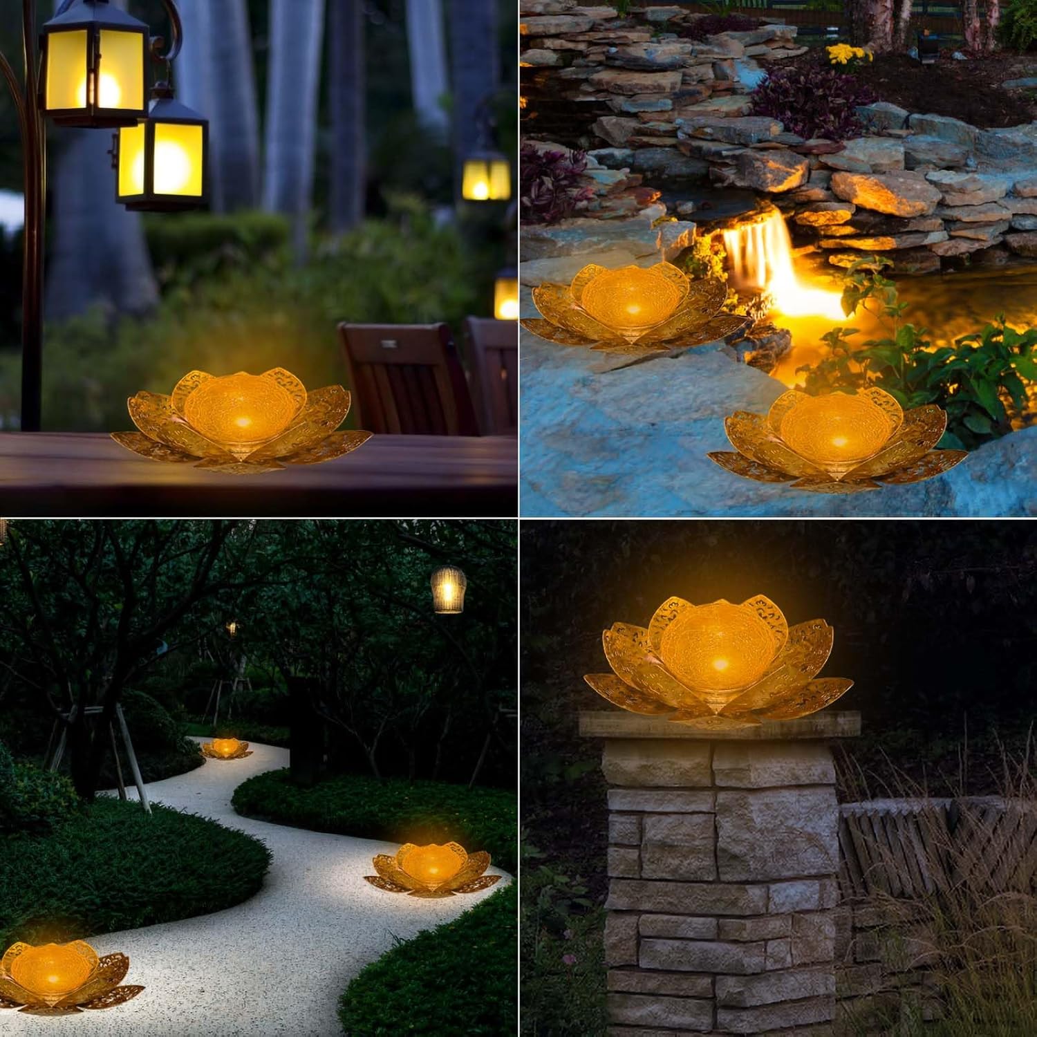 (Gold) Solar Lights Outdoor Garden Lights Solar Powered IP65 Waterproof Decorative Lotus Ornaments for Lawn Patio Porch Flowerbed Pathway