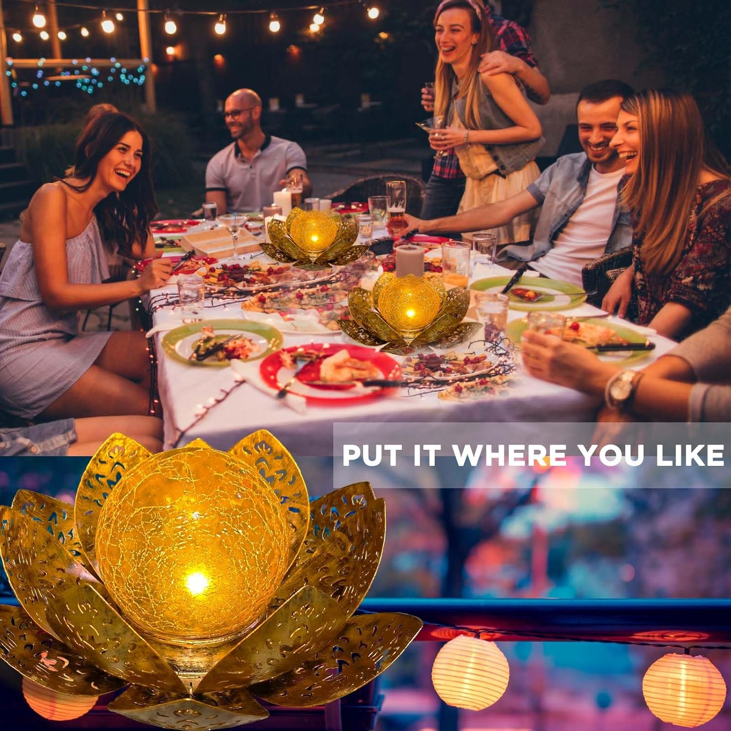 (Gold) Solar Lights Outdoor Garden Lights Solar Powered IP65 Waterproof Decorative Lotus Ornaments for Lawn Patio Porch Flowerbed Pathway