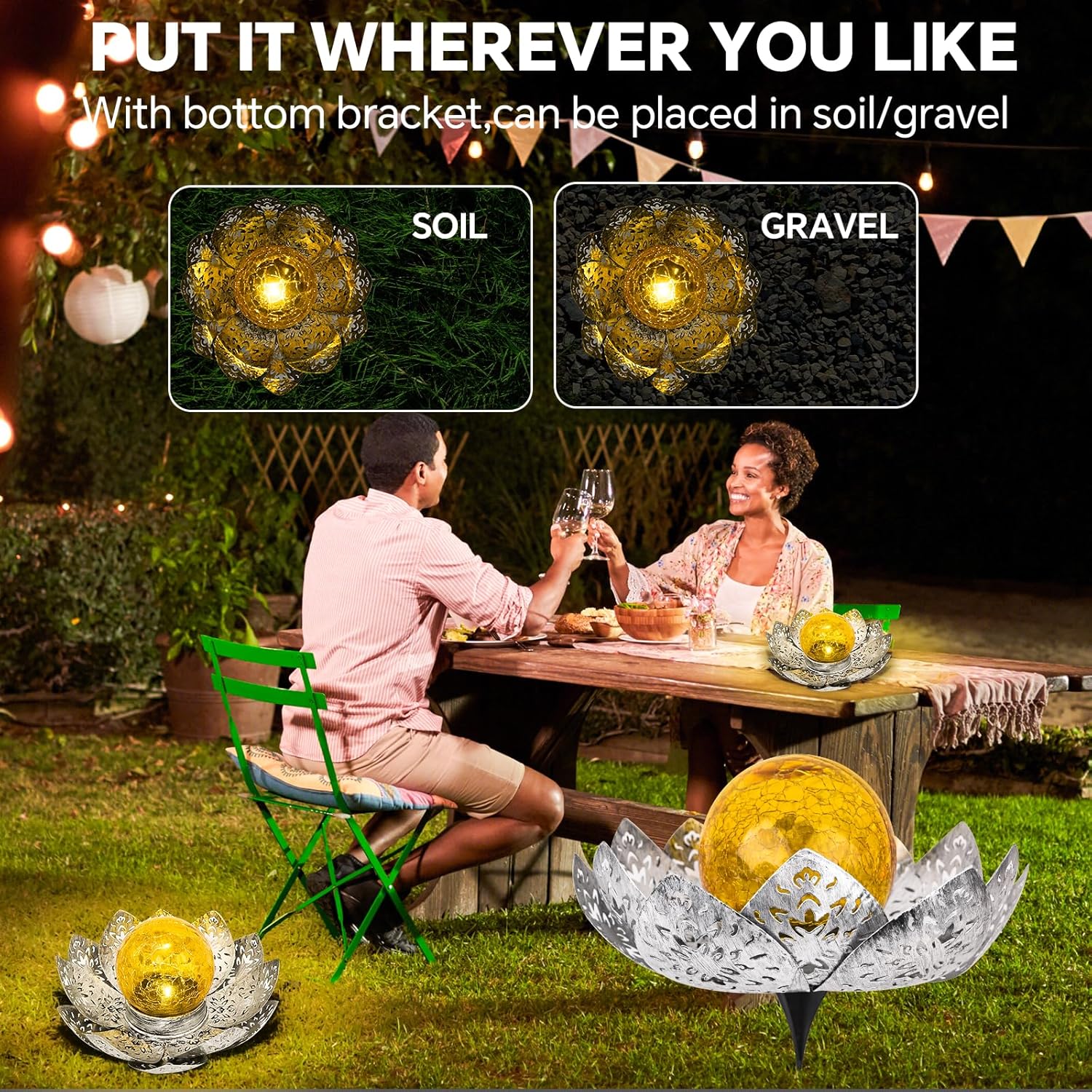 (Gold) Solar Lights Outdoor Garden Lights Solar Powered IP65 Waterproof Decorative Lotus Ornaments for Lawn Patio Porch Flowerbed Pathway