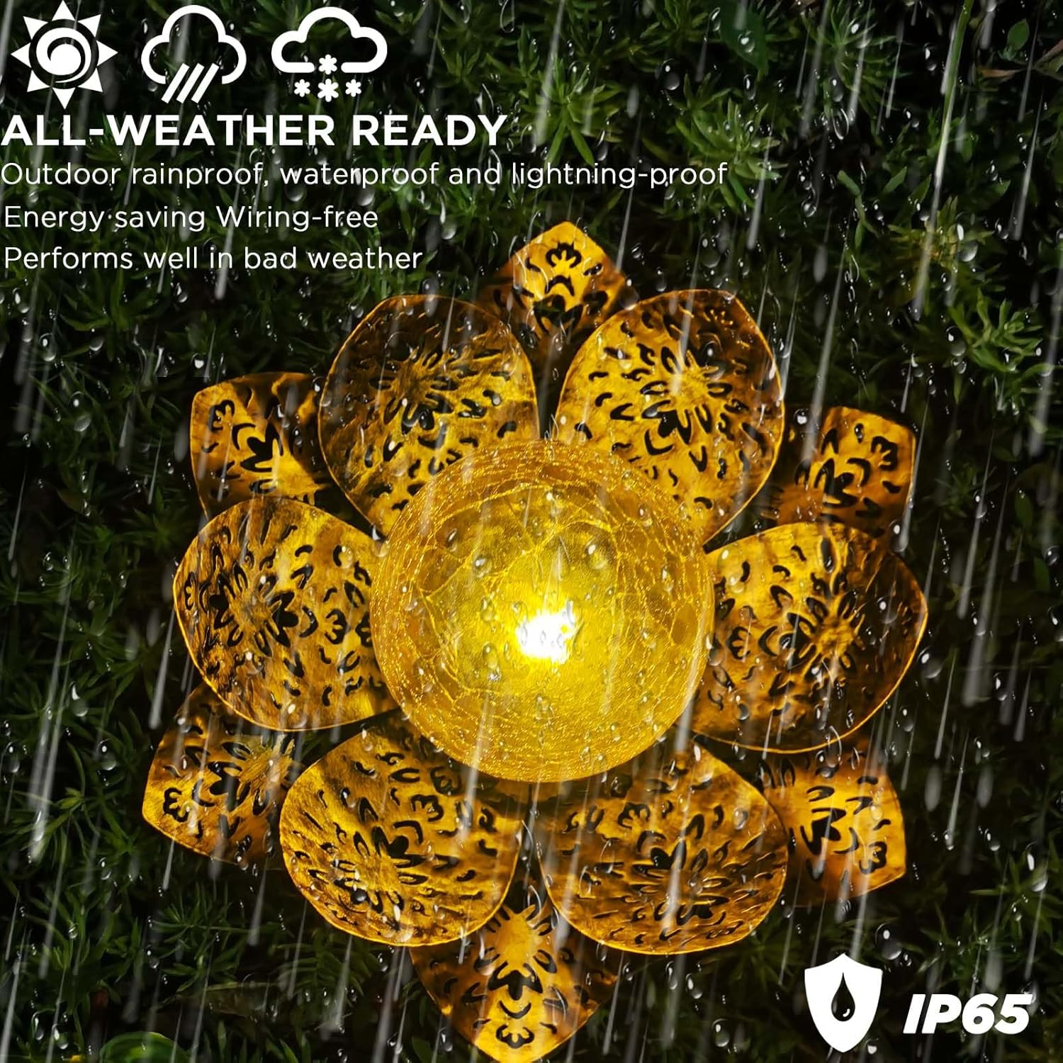 (Gold) Solar Lights Outdoor Garden Lights Solar Powered IP65 Waterproof Decorative Lotus Ornaments for Lawn Patio Porch Flowerbed Pathway