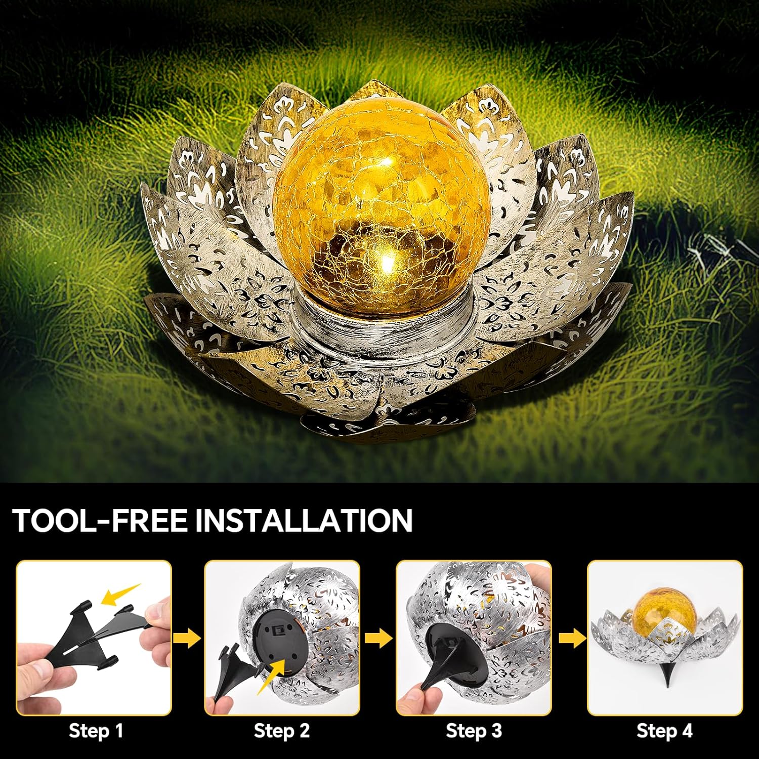 (Gold) Solar Lights Outdoor Garden Lights Solar Powered IP65 Waterproof Decorative Lotus Ornaments for Lawn Patio Porch Flowerbed Pathway
