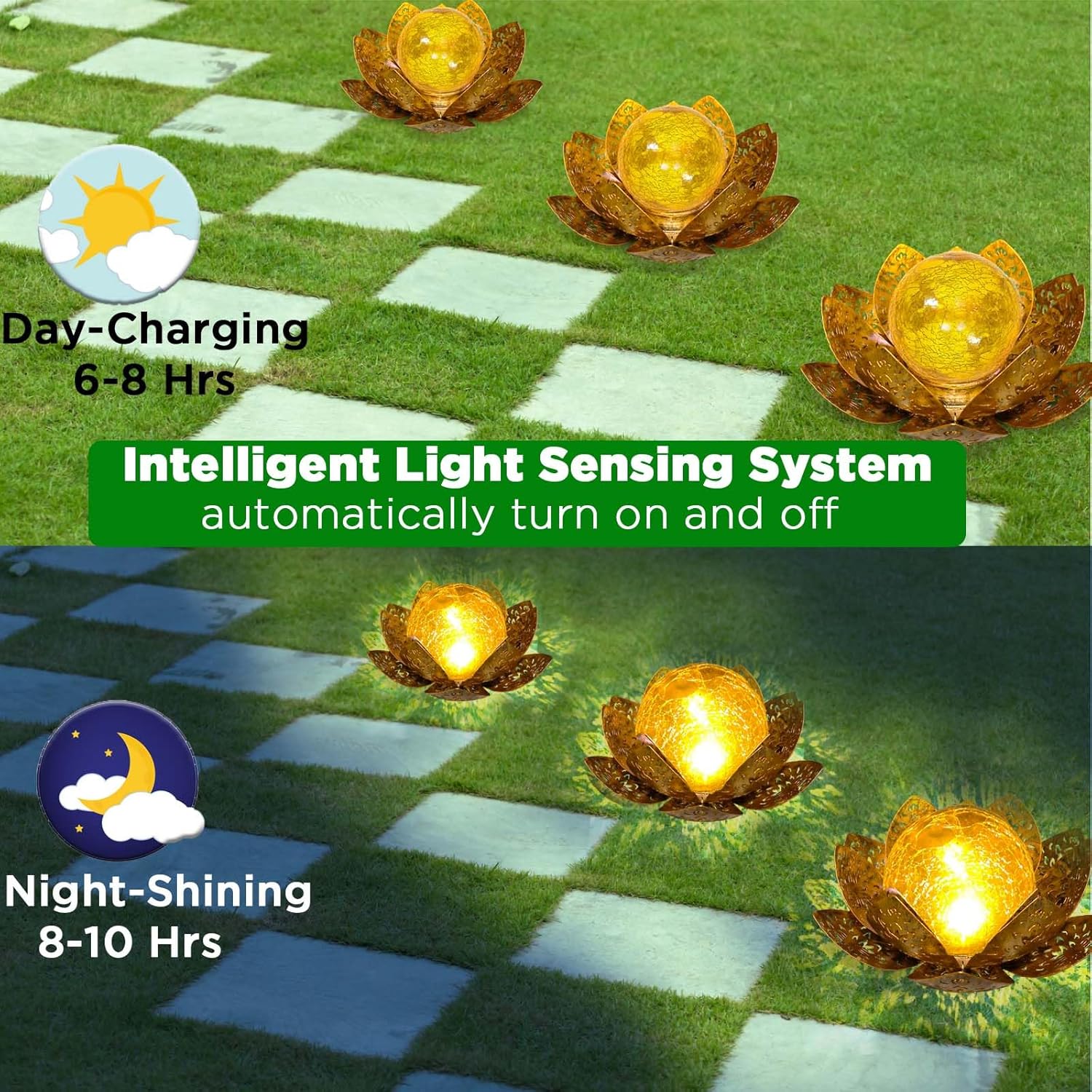 (Gold) Solar Lights Outdoor Garden Lights Solar Powered IP65 Waterproof Decorative Lotus Ornaments for Lawn Patio Porch Flowerbed Pathway