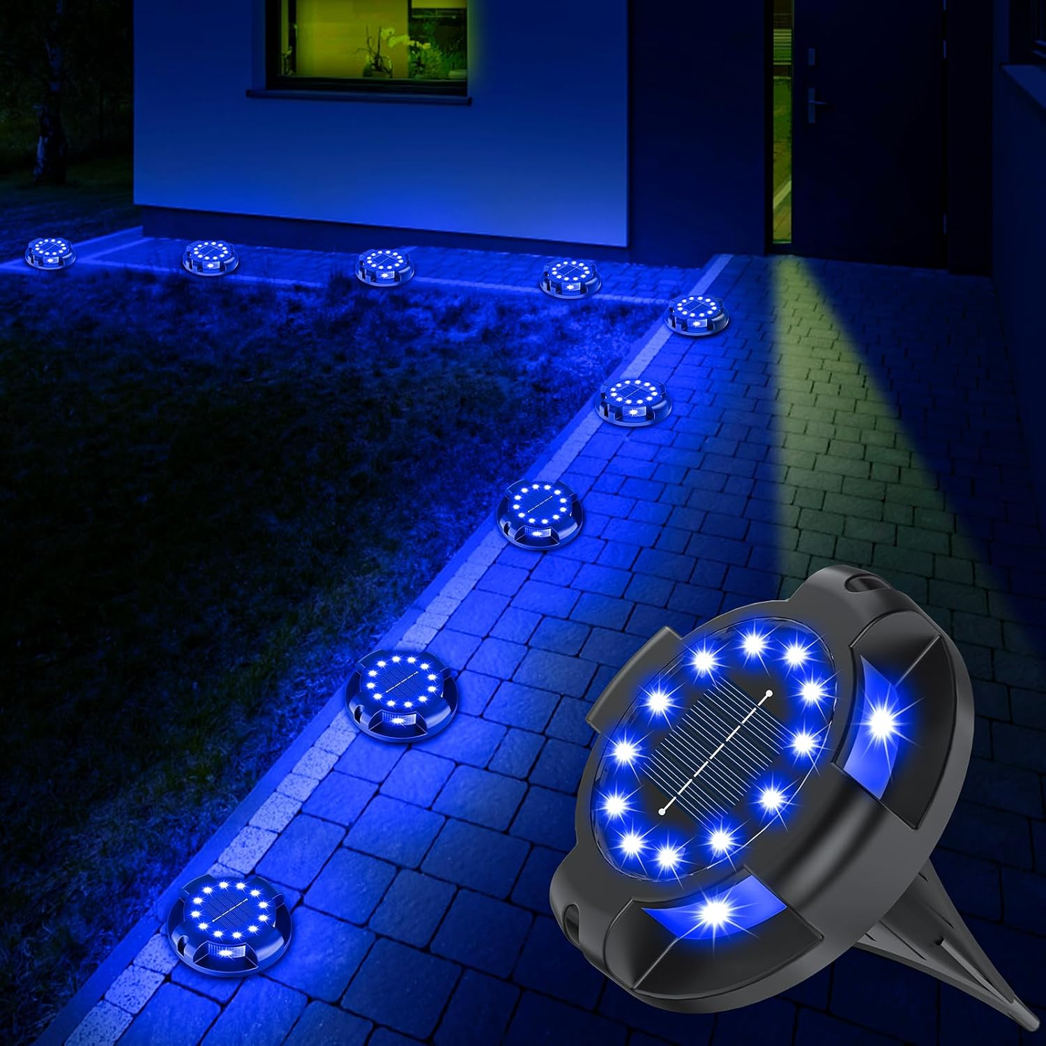 (White) Solar Pathway Lights Outdoor 12 Packs Bright Blue 16 LEDs Solar Ground Lights Walkway Lights with Side Light Waterproof Solar Deck Light for Yard Walkway 