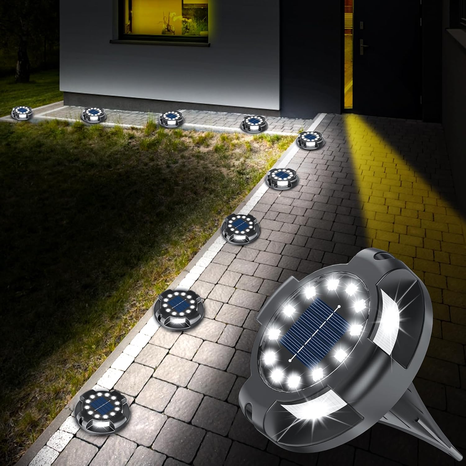 (White) Solar Pathway Lights Outdoor 12 Packs Bright Blue 16 LEDs Solar Ground Lights Walkway Lights with Side Light Waterproof Solar Deck Light for Yard Walkway 