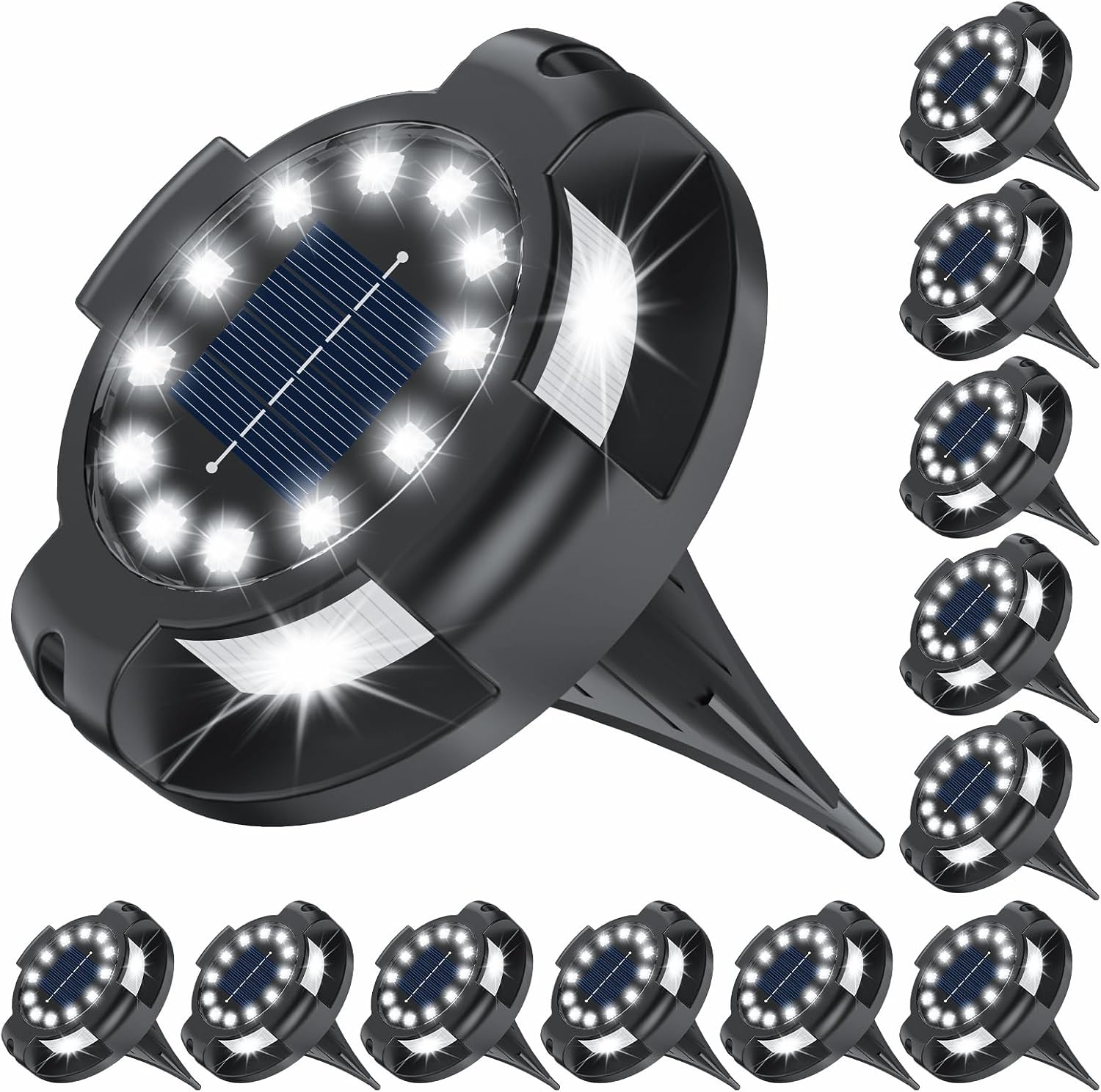 (White) Solar Pathway Lights Outdoor 12 Packs Bright Blue 16 LEDs Solar Ground Lights Walkway Lights with Side Light Waterproof Solar Deck Light for Yard Walkway 