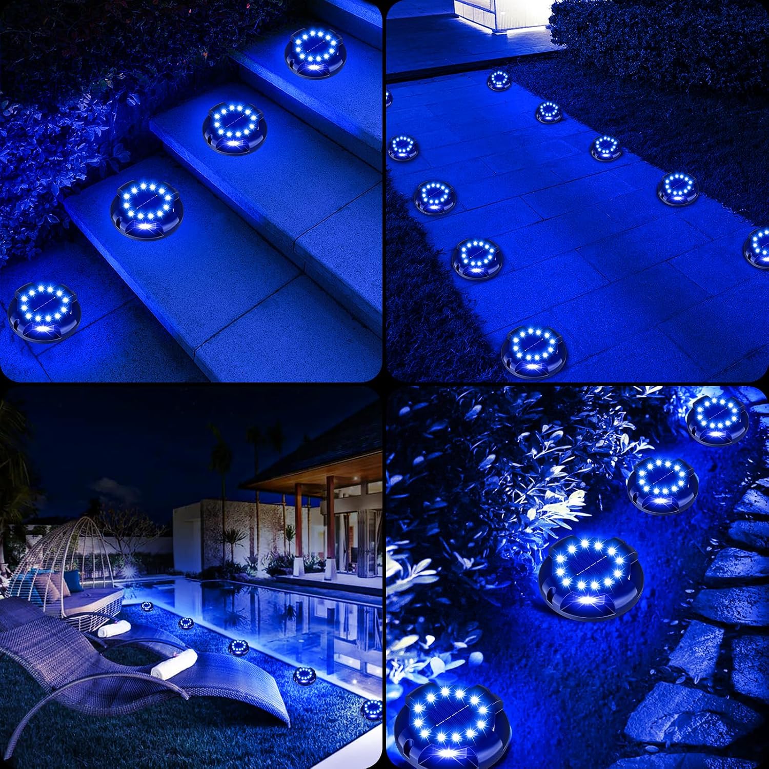 (White) Solar Pathway Lights Outdoor 12 Packs Bright Blue 16 LEDs Solar Ground Lights Walkway Lights with Side Light Waterproof Solar Deck Light for Yard Walkway 