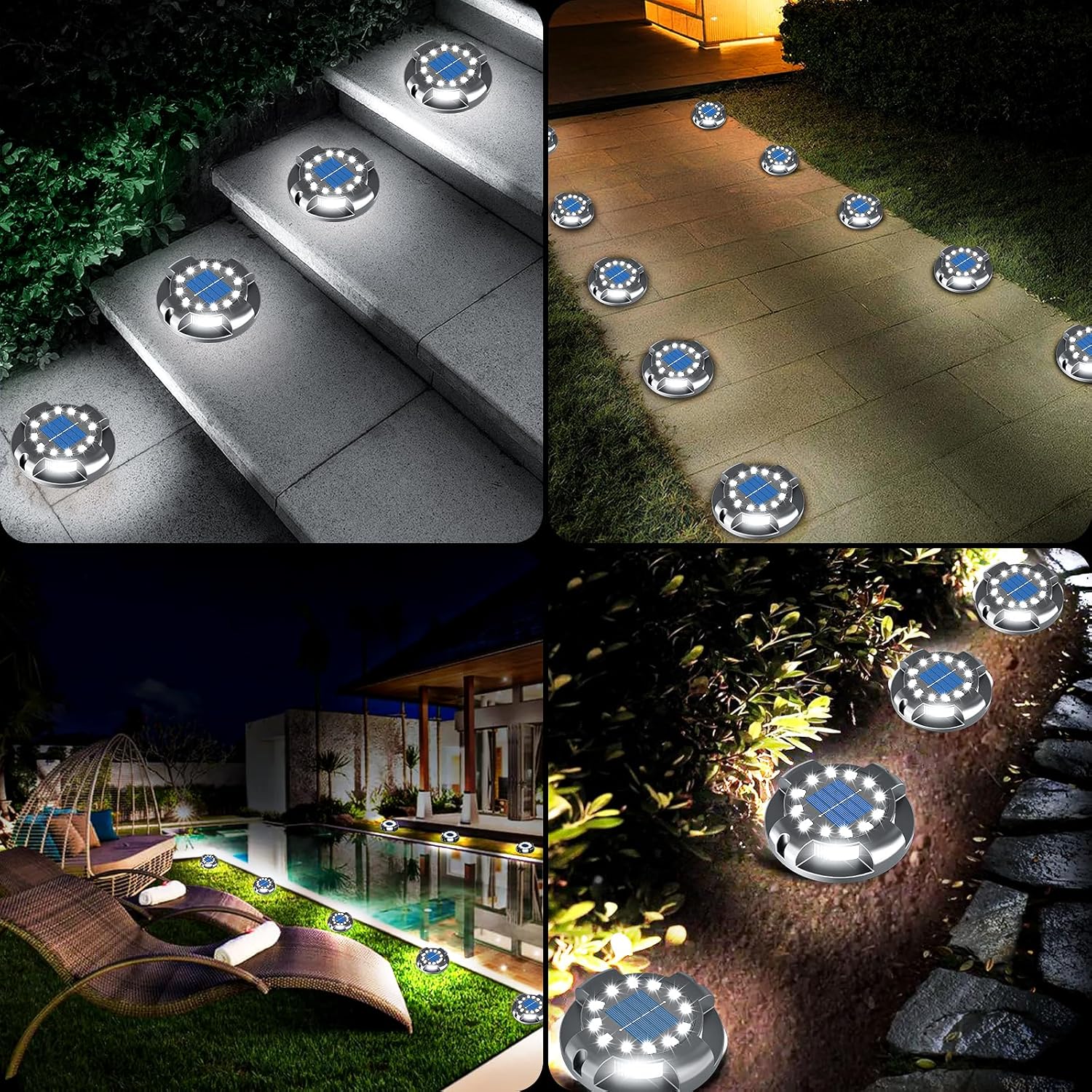(White) Solar Pathway Lights Outdoor 12 Packs Bright Blue 16 LEDs Solar Ground Lights Walkway Lights with Side Light Waterproof Solar Deck Light for Yard Walkway 