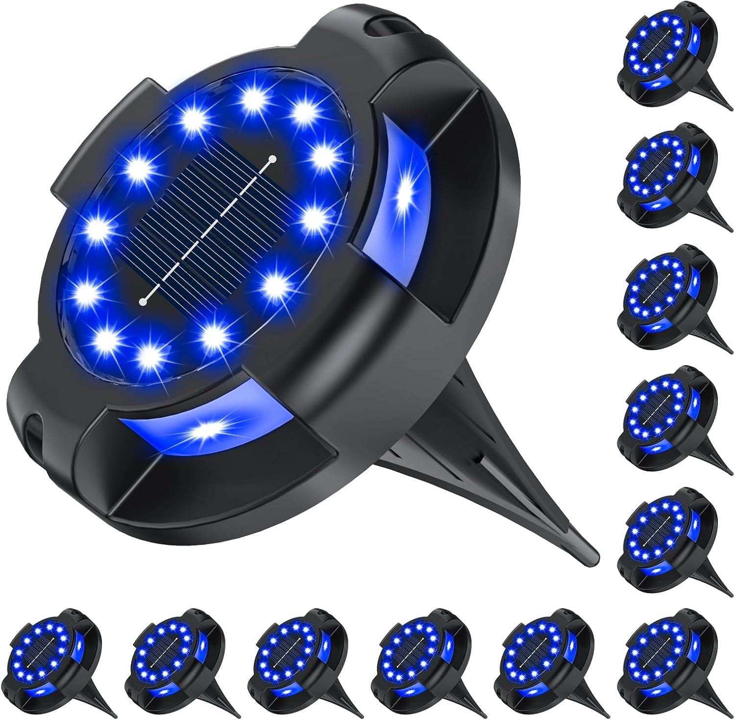 (White) Solar Pathway Lights Outdoor 12 Packs Bright Blue 16 LEDs Solar Ground Lights Walkway Lights with Side Light Waterproof Solar Deck Light for Yard Walkway 