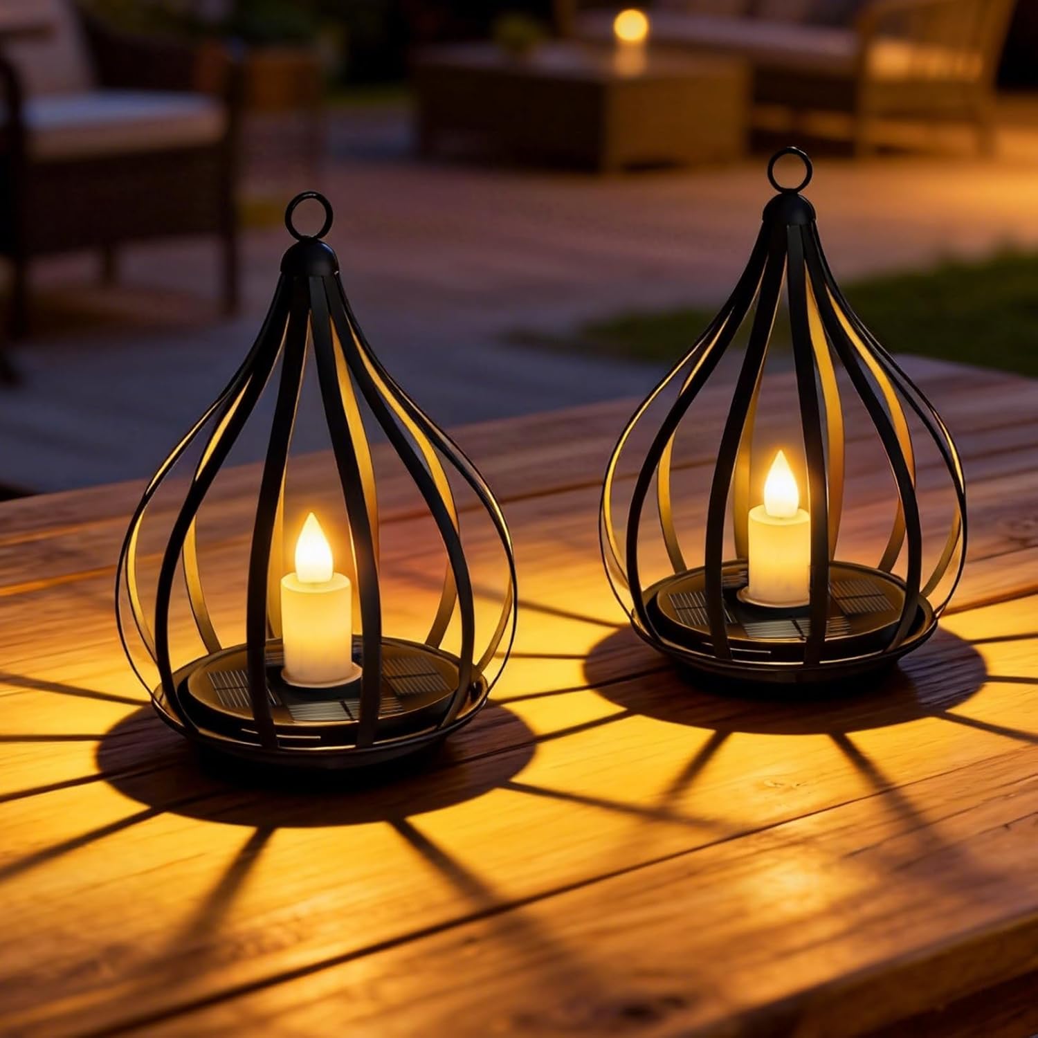 (4 pcs) Solar Lights Outdoor Garden Hanging Solar Lanterns with Realistic Flickering Flame Metal Waterproof LED Candles Lights for Patio Path Decor 