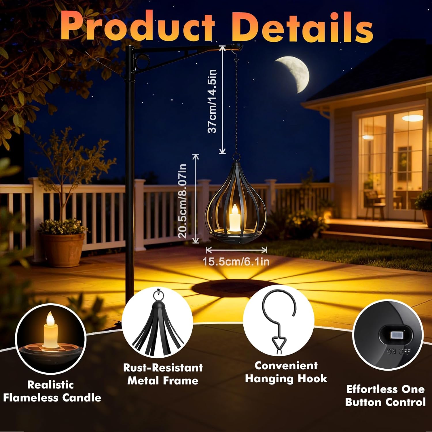 (4 pcs) Solar Lights Outdoor Garden Hanging Solar Lanterns with Realistic Flickering Flame Metal Waterproof LED Candles Lights for Patio Path Decor 