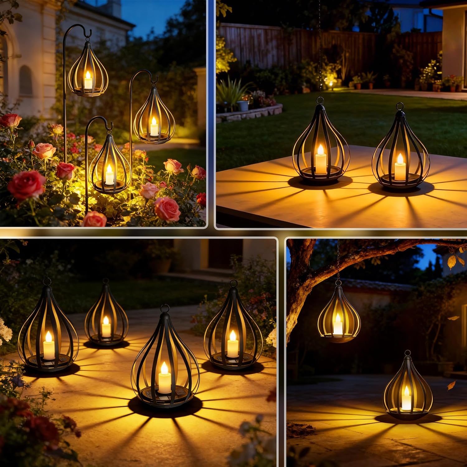 (4 pcs) Solar Lights Outdoor Garden Hanging Solar Lanterns with Realistic Flickering Flame Metal Waterproof LED Candles Lights for Patio Path Decor 