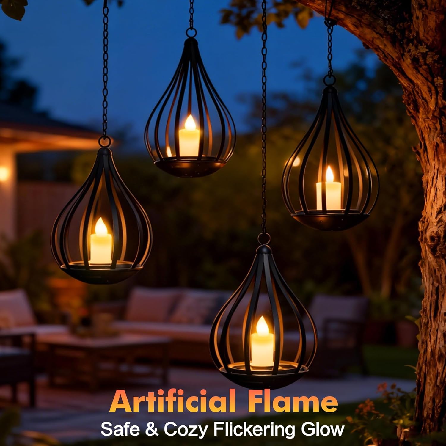 (4 pcs) Solar Lights Outdoor Garden Hanging Solar Lanterns with Realistic Flickering Flame Metal Waterproof LED Candles Lights for Patio Path Decor 