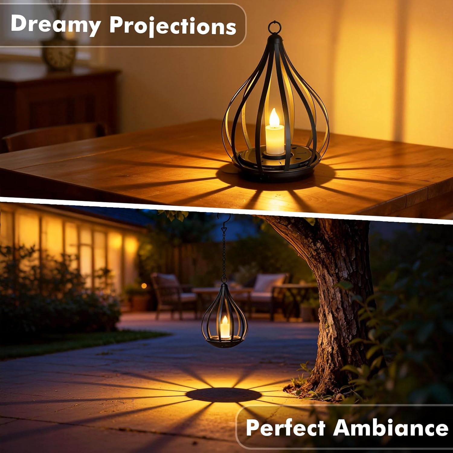 (4 pcs) Solar Lights Outdoor Garden Hanging Solar Lanterns with Realistic Flickering Flame Metal Waterproof LED Candles Lights for Patio Path Decor 