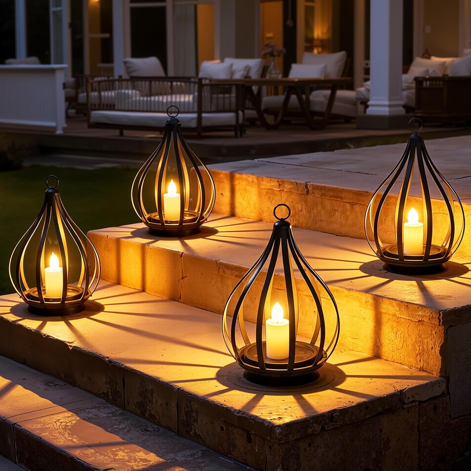 (4 pcs) Solar Lights Outdoor Garden Hanging Solar Lanterns with Realistic Flickering Flame Metal Waterproof LED Candles Lights for Patio Path Decor 