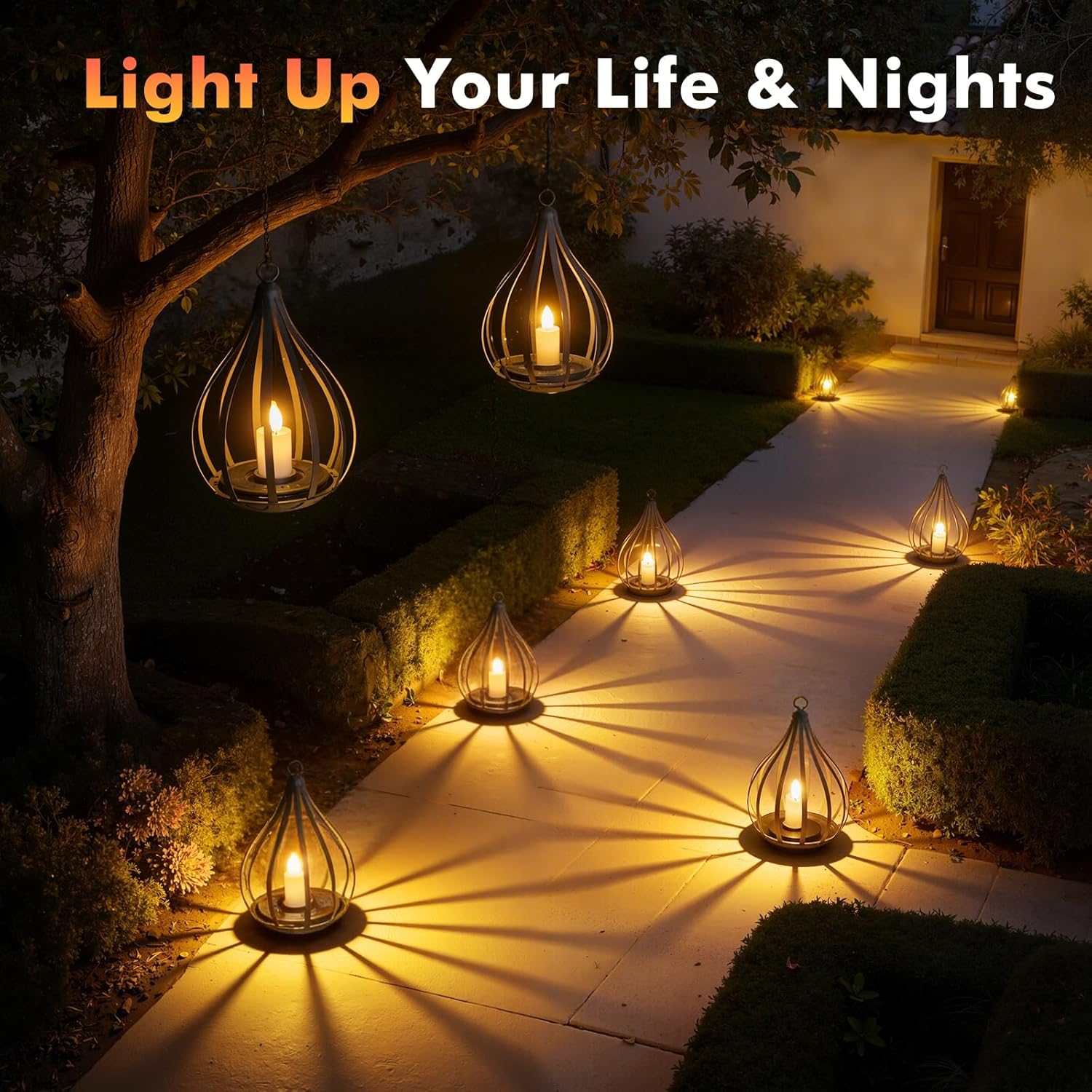 (4 pcs) Solar Lights Outdoor Garden Hanging Solar Lanterns with Realistic Flickering Flame Metal Waterproof LED Candles Lights for Patio Path Decor 