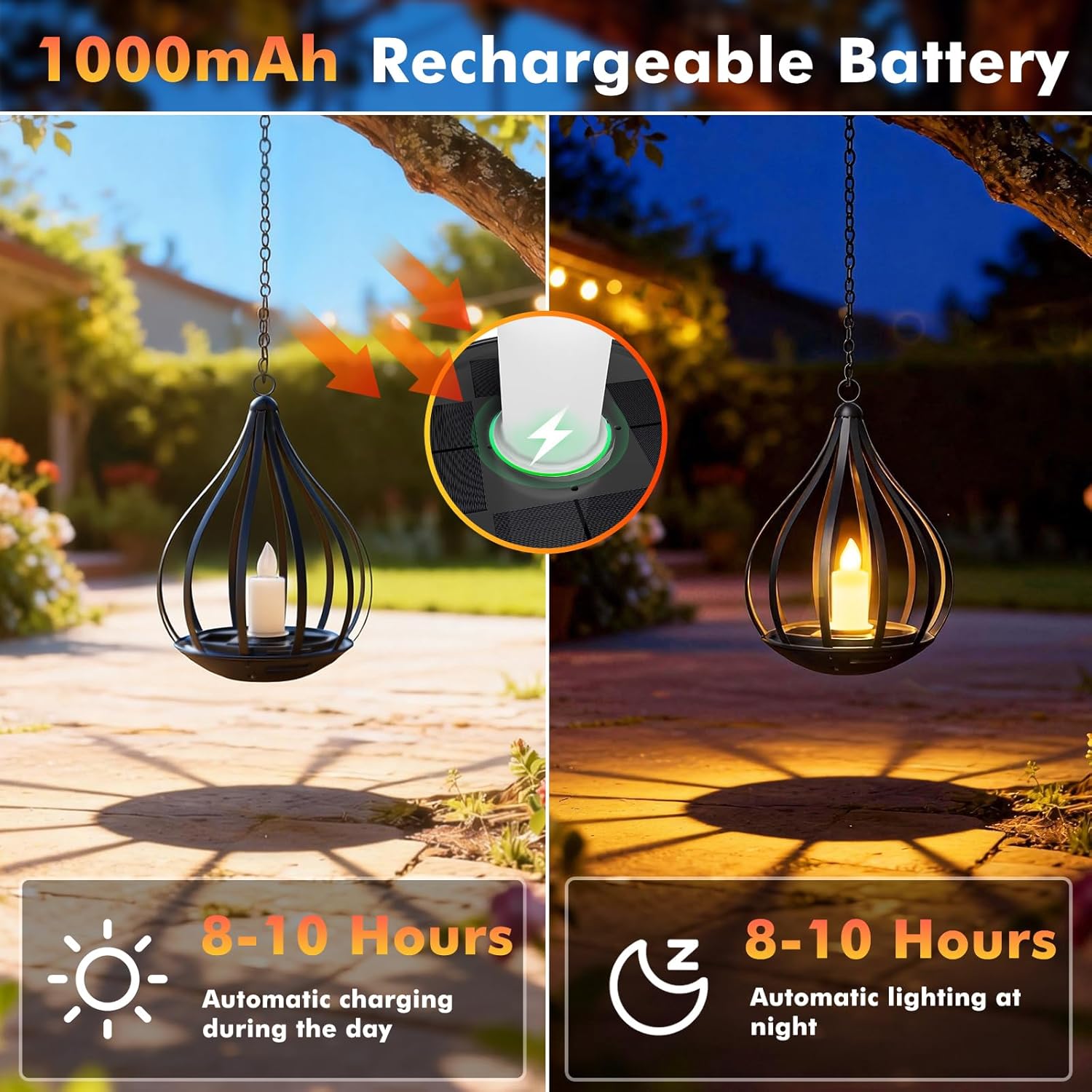 (4 pcs) Solar Lights Outdoor Garden Hanging Solar Lanterns with Realistic Flickering Flame Metal Waterproof LED Candles Lights for Patio Path Decor 