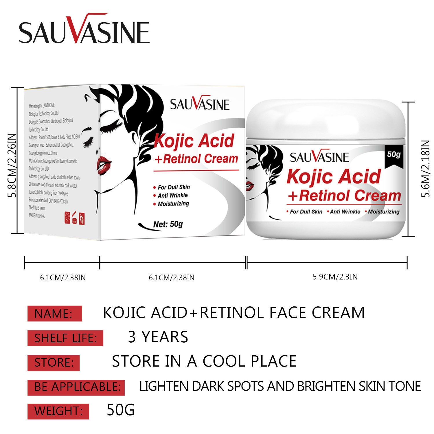 Kojic Acid Face Cream Brightening Moisturising Smoothing Skin Care for Daily Use Natural 50g