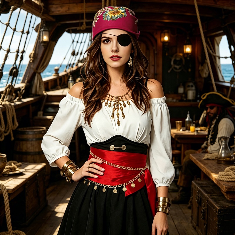 (Seven Piece Set) Cosplay Pirate Halloween Ball Party Outfit Headscarf Belt Necklace Eye Mask Costume Accessories