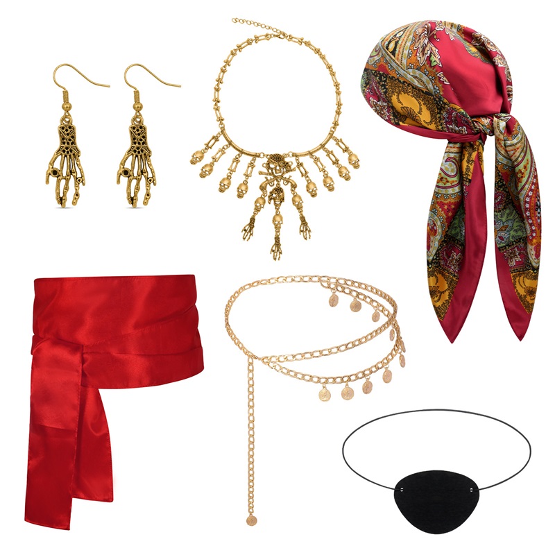 (Seven Piece Set) Cosplay Pirate Halloween Ball Party Outfit Headscarf Belt Necklace Eye Mask Costume Accessories