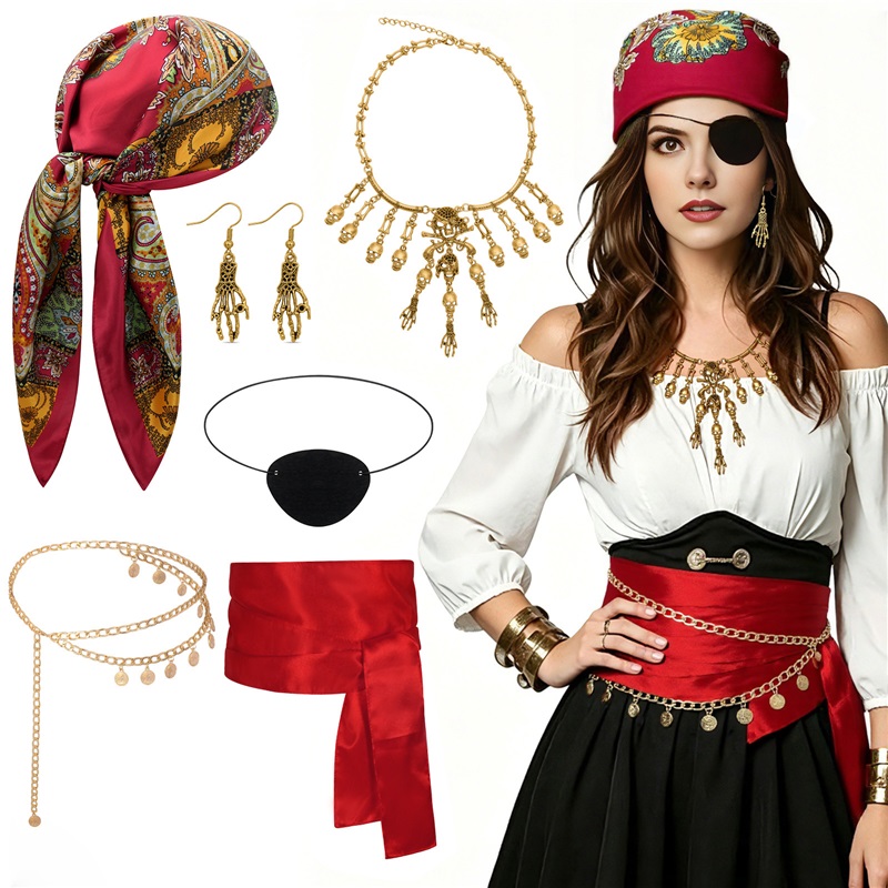 (Seven Piece Set) Cosplay Pirate Halloween Ball Party Outfit Headscarf Belt Necklace Eye Mask Costume Accessories