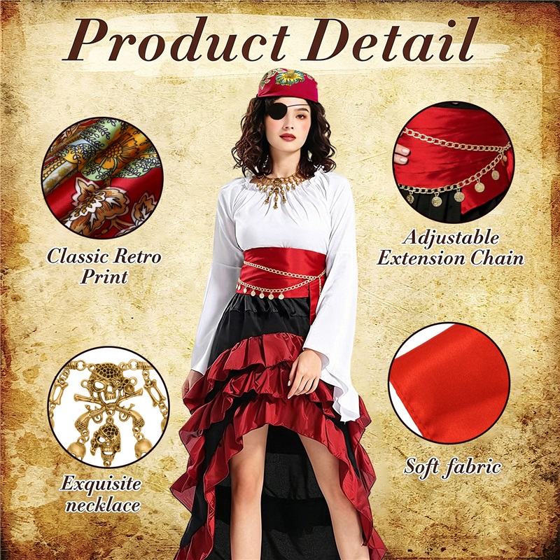 (Seven Piece Set) Cosplay Pirate Halloween Ball Party Outfit Headscarf Belt Necklace Eye Mask Costume Accessories