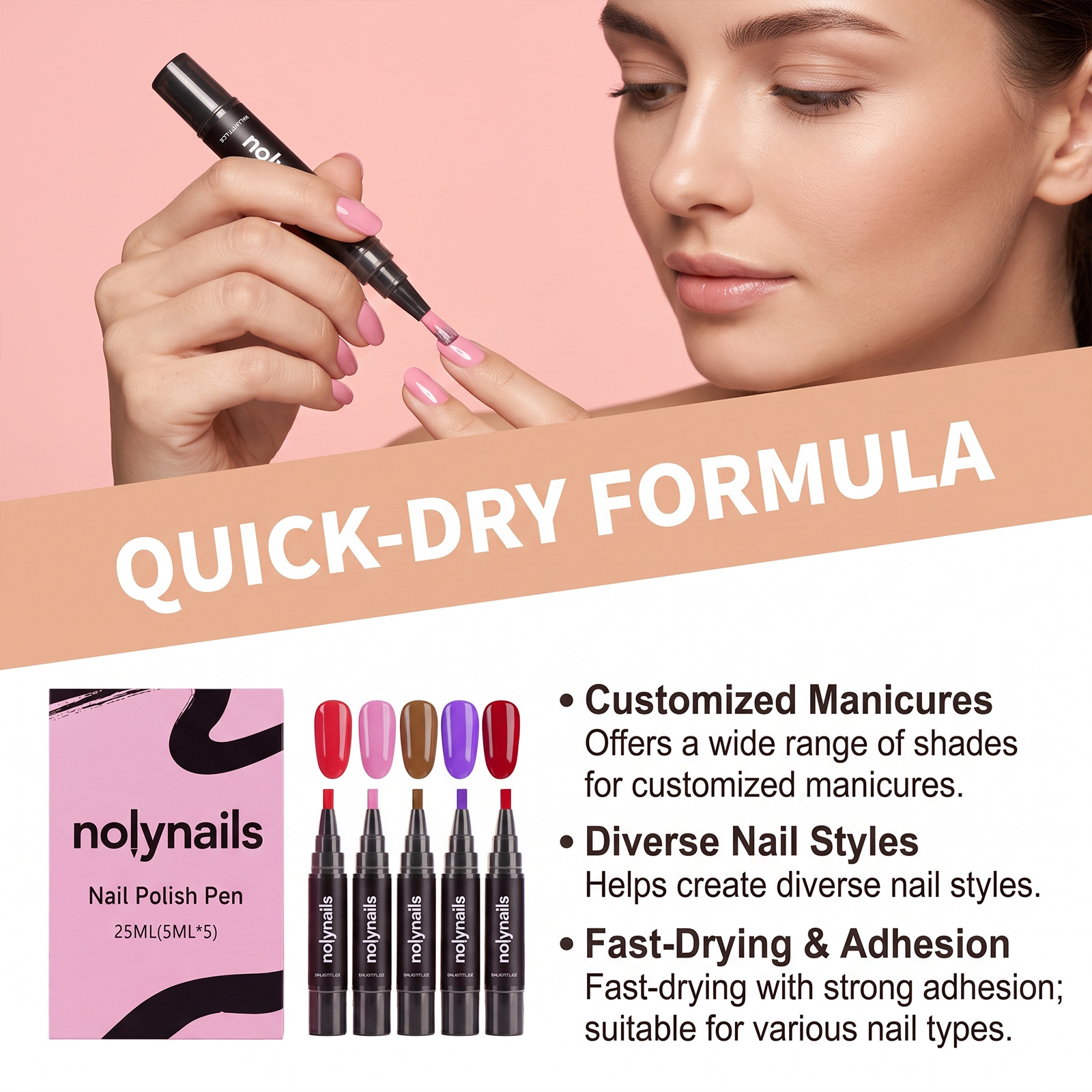 Gel Nail Pen Colorful No Uv Quick Dry Five Color Brush Precise Long Lasting Nail Decoration Tool