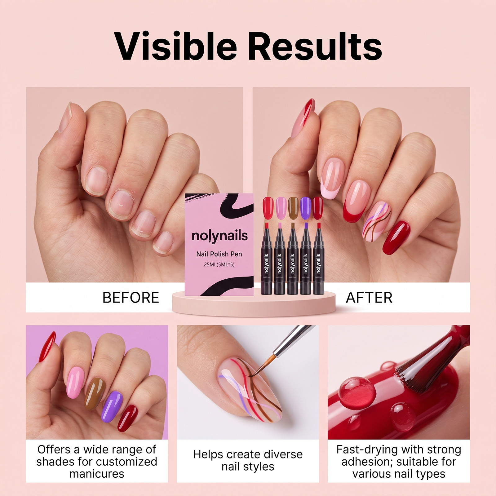 Gel Nail Pen Colorful No Uv Quick Dry Five Color Brush Precise Long Lasting Nail Decoration Tool