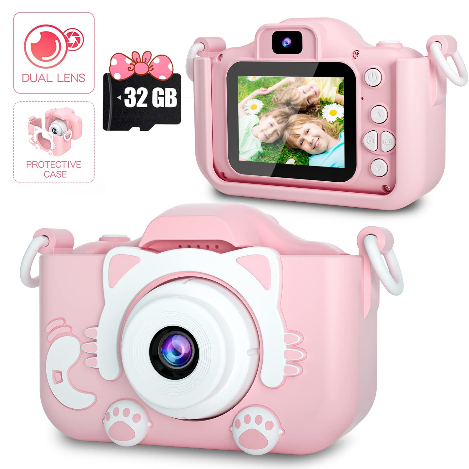 (Blue) Kids Digital Camera Video Camcorder Shockproof Rechargeable with 32GB SD Card Cartoon Soft Silicone Case for Outdoor Play Toys Christmas Birthday Festival Gifts for Child Toddler