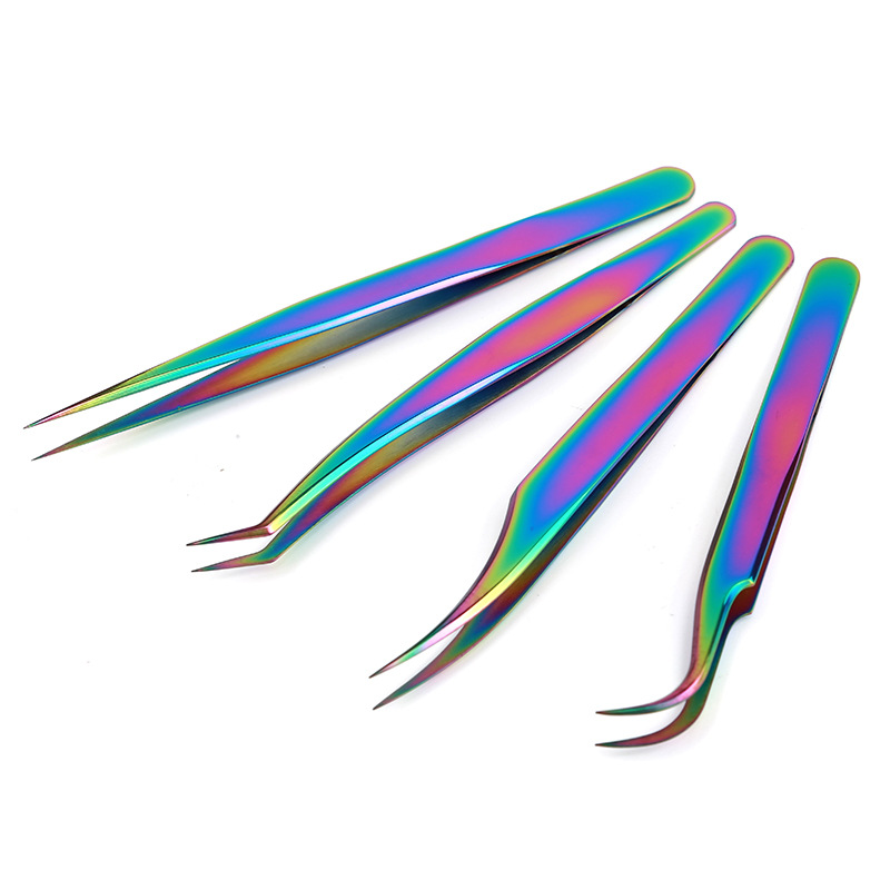 Eyelash Tweezers Nail Art Stainless Steel Lashes Extension Clip Applicator Rhinestone EyeLashes Tweezers Multifunction For Nail Beauty DIY Rainbow Color