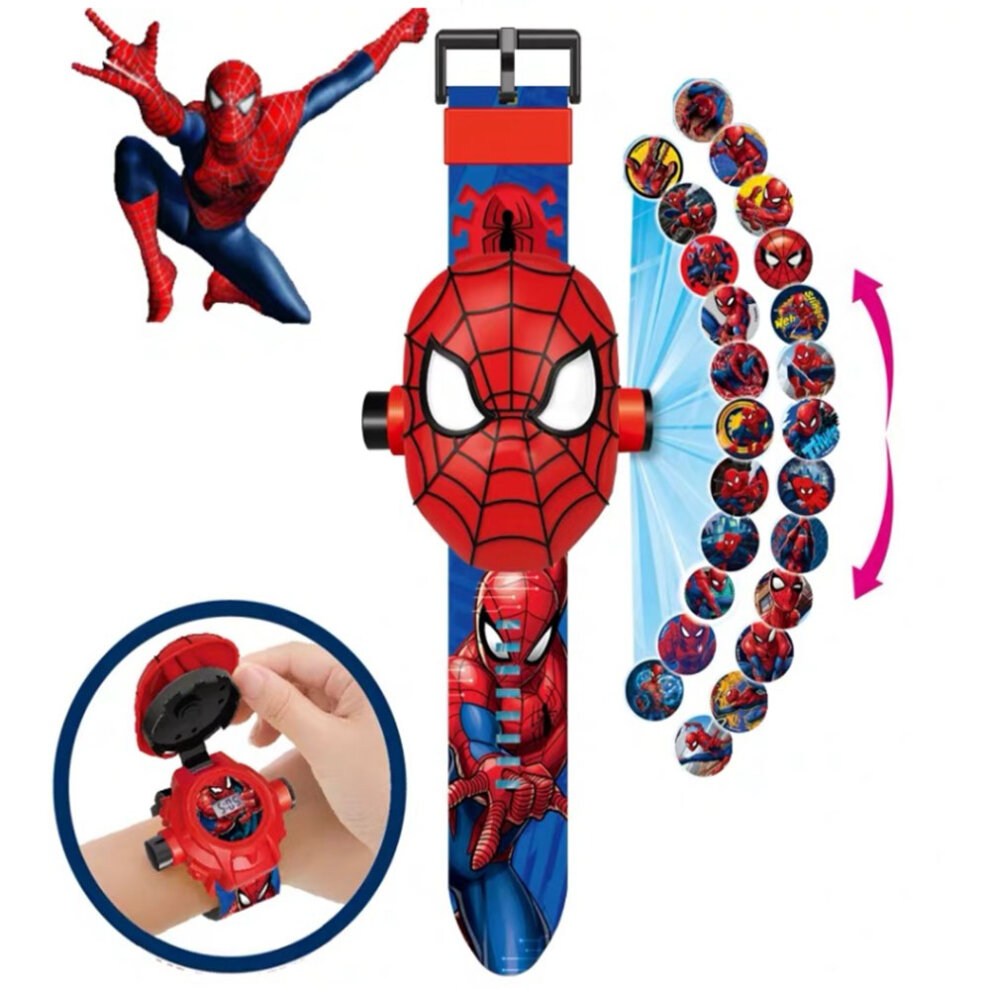 Spiderman Watch Projector with 24 Superhero Figurines Marvel Spiderman Electronic Watch for Boys and Children Projection Spiderman Toys Red