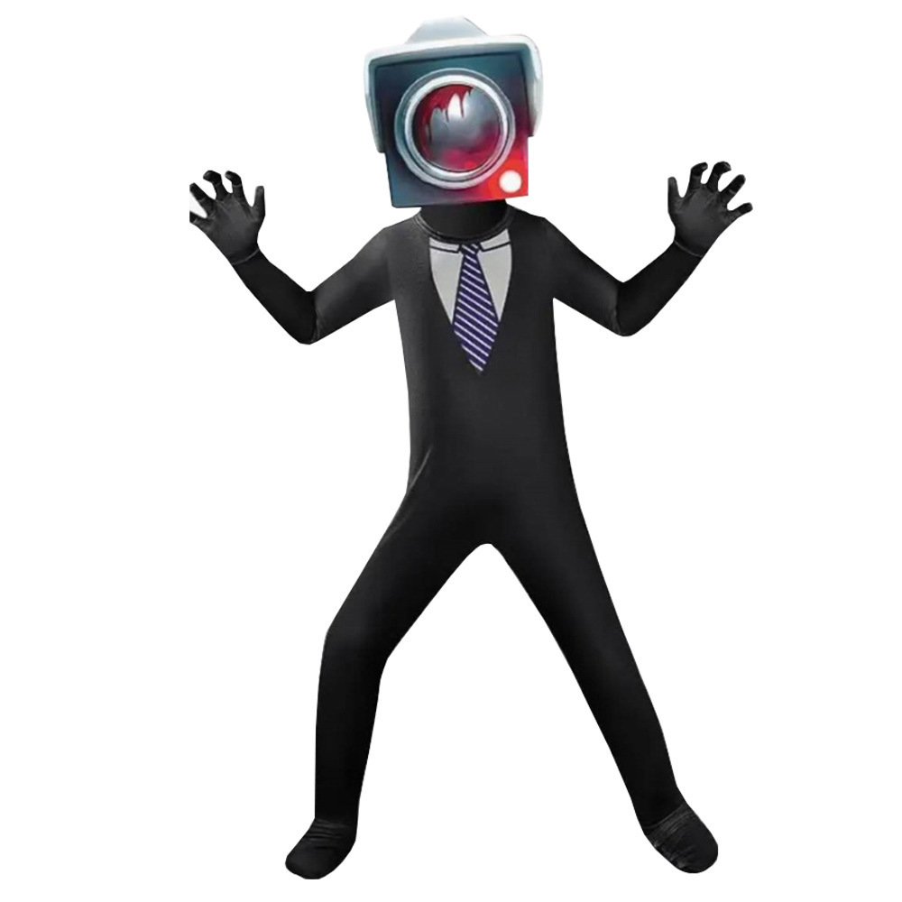 (Size 110) Skibidi Toilet Monitor Man Costume Boys Kids Jumpsuits Horror Game Costume Mask Party Fancy Dress Halloween Christmas Carnival