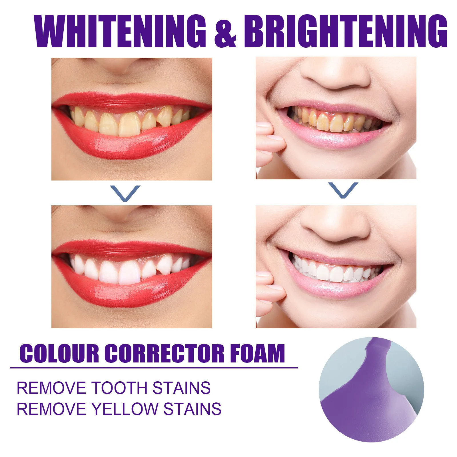V34 Whitening Correcting Yellow Teeth Removing Stains Oral Cleaning Toothpaste White Teeth Mousse Foam Purple Whitening Cleaning Toothpaste Hygiene