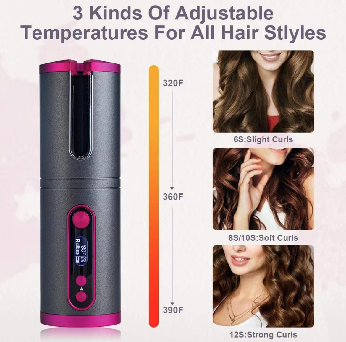 (Grey) Hair Curler Rotating Curling Tongs Curling Iron Cordless Auto Curler Restriction Rechargeable Ceramic Professional Hair Curler USB ChargingPortable