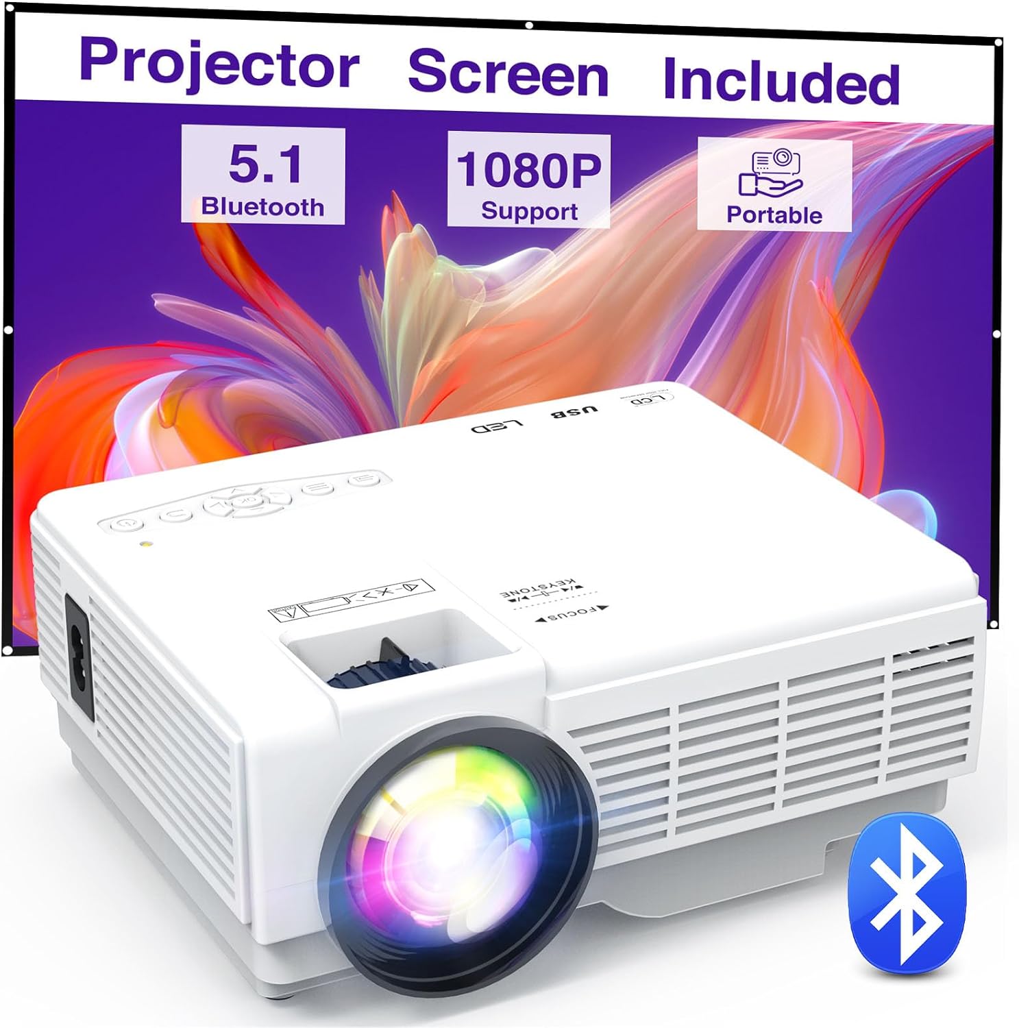 Mini Projector Portable with Screen Bluetooth Projector Full HD 1080P 10000L Outdoor Home Cinema Video Projector 50 Zoom Compatible with Smartphone Laptop TV Stick Energy Class A