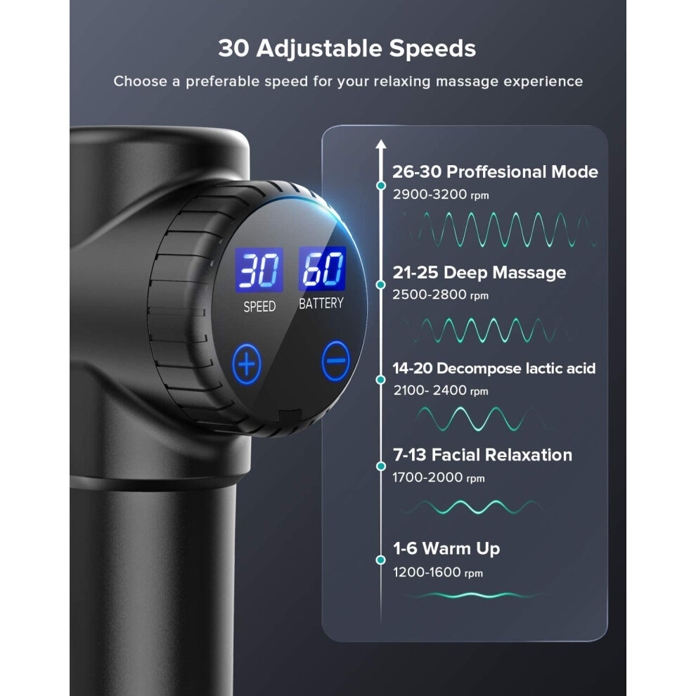 Massage Gun Deep Tissue Powerful 30 Speeds Muscle Massage Gun Quiet Professional Percussion Massager 6 Heads LCD Display Handhe