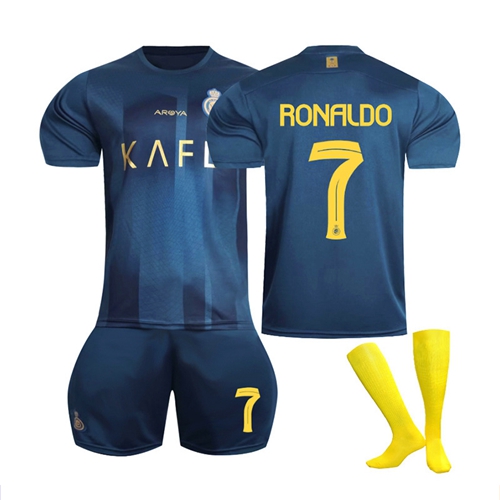 (Kids 16) Al Nassr Riyadh Victory Away No.7 Ronaldo Football Training T-Shirts Shorts Socks Kids Football Kits Outdoor Sportswear Soccer Tracksuit Boys Gifts