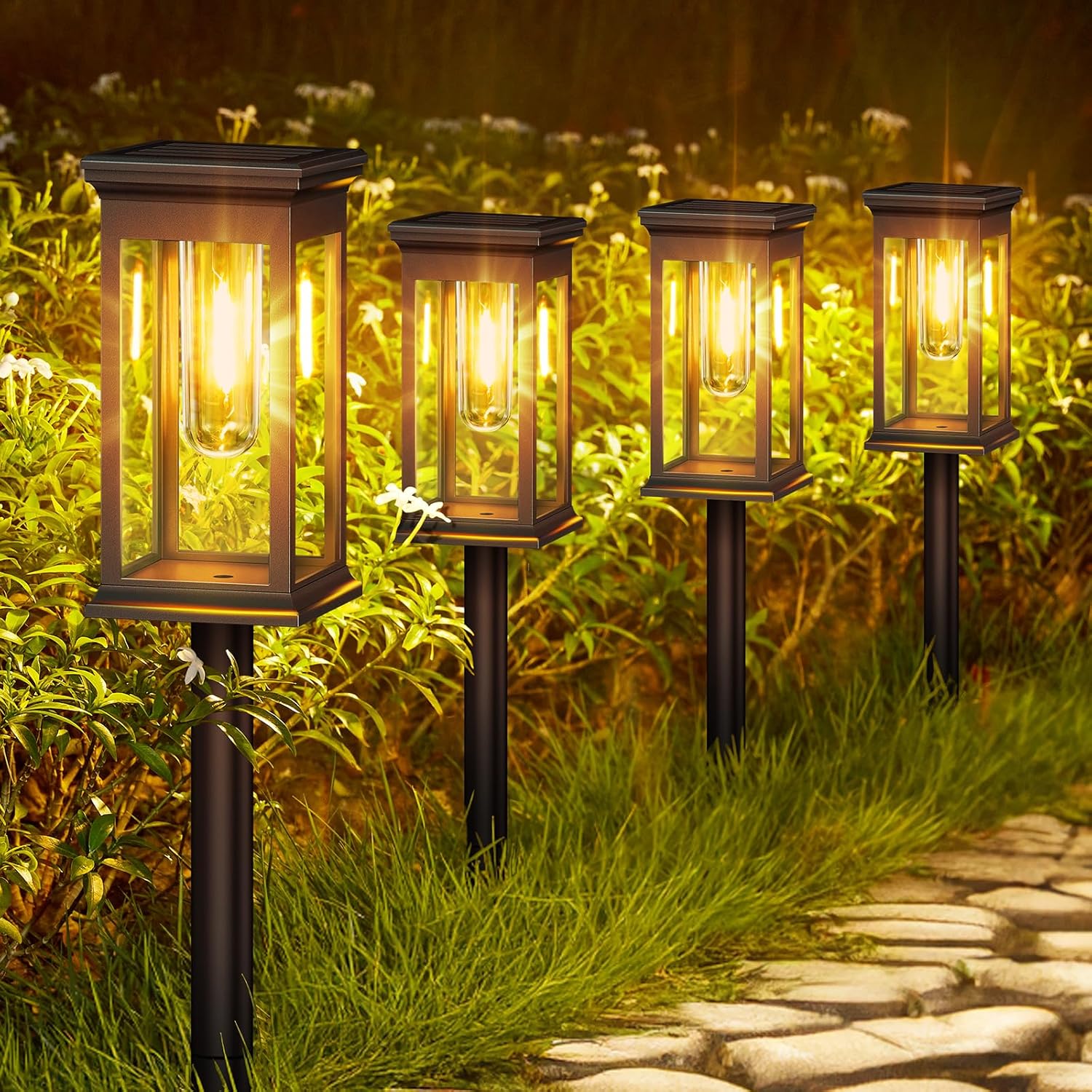  Solar Lights Outdoor Garden 4 Pack Upgraded Garden Lights Solar Powered Waterproof Auto On Off Outdoor Light for Yard Pathway Patio Decorative 