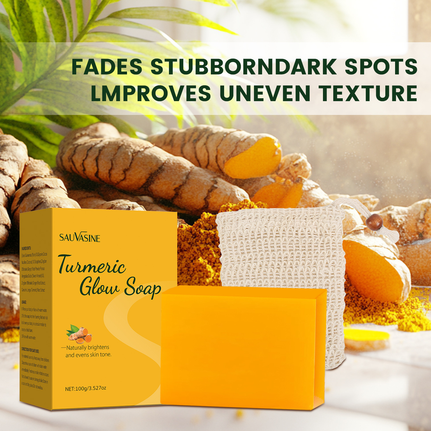 Turmeric Soap Bar With Mesh Pouch For Face And Body Gentle Cleansing Nourishing Daily Skincare Routine 100g