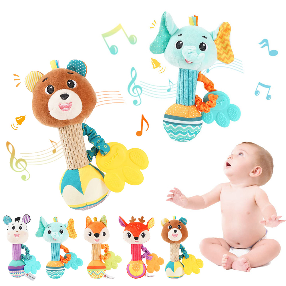 (Elephant 1066) Baby Rattles Soft Stuffed Animal Rattle Hand Grip Baby Toys Shaker Crinkle Squeaky Sensory Travel Accessories for Toddler Gifts