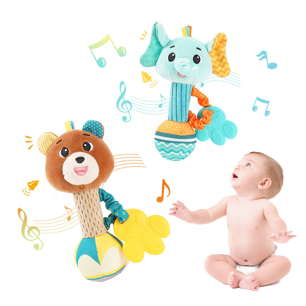 (Elephant 1066) Baby Rattles Soft Stuffed Animal Rattle Hand Grip Baby Toys Shaker Crinkle Squeaky Sensory Travel Accessories for Toddler Gifts